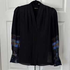 Kobi Halperin Black Blouse with Blue Patterned Sleeves